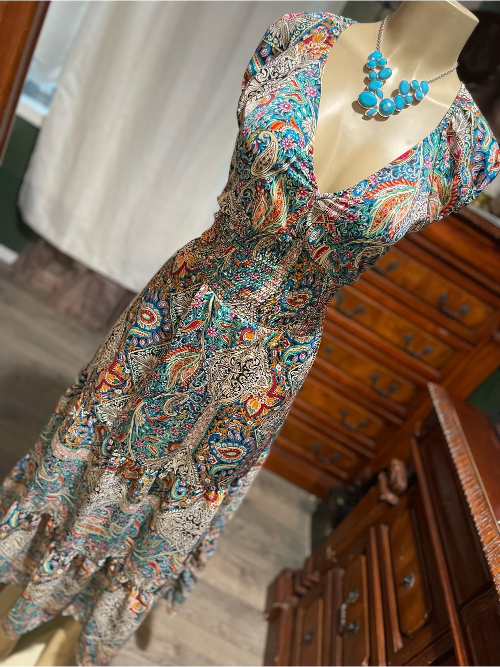 SHEIN Teal Multi Paisley Midi Dress with V‑Neck